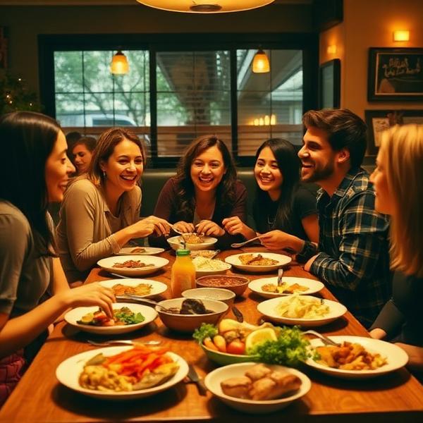 Friends laughing over a shared dinner